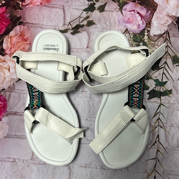 White Strappy Sandals with Silver Buckles and Flat Sole - Picture 2 of 6